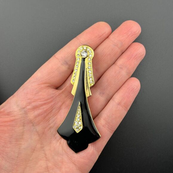Vintage Art Deco Style Gold-Tone Brooch w Sparkly Rhinestones Black Enamel 3.2" - Picture 5 of 9
